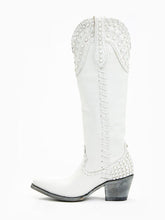 White Pearl Whip Stitch Snip-toe Slip-on Mid-Calf Western Boots